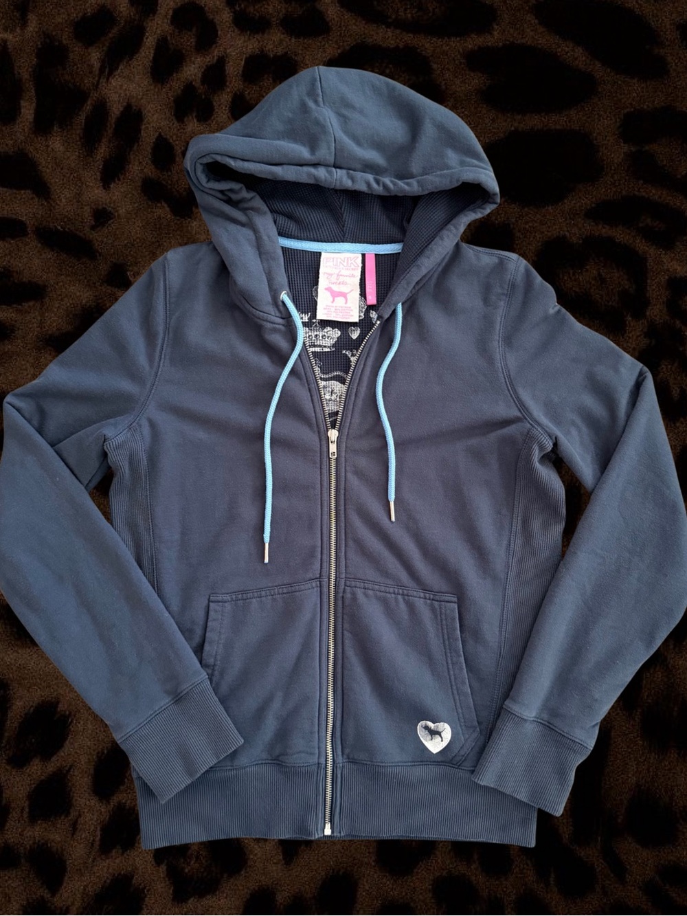 Victoria's Secret PINK Princess Navy Zip-Up Hoodie with Light Blue Drawstrings
